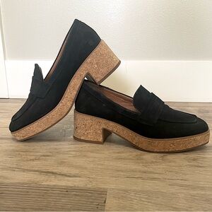 Lucky Brand Black Suede Loafers with Cork Heel